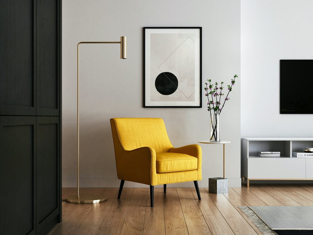 A feature wall with an accent chair